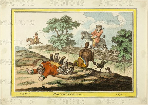 Hounds Finding, published April 8, 1800, James Gillray (English, 1756-1815), after Brownlow North (English, 1778-1829), England, Hand-colored etching on paper, 245 × 345 mm (image), 250 × 350 mm (plate), 285 × 400 mm (sheet)