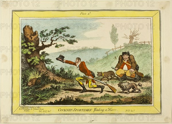 Cockney Sportsmen Finding a Hare, published November 12, 1800, James Gillray (English, 1756-1815), published by Hannah Humphrey (English, c. 1745-1818), England, Hand-colored etching on paper, 235 × 336 mm (image), 250 × 350 mm (plate), 277 × 385 mm (sheet)