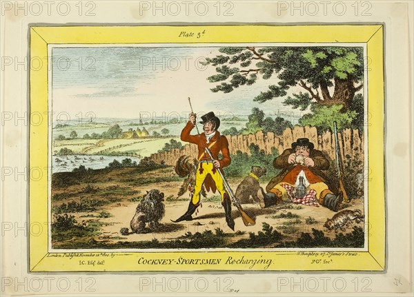 Cockney Sportsmen Recharging, published November 12, 1800, James Gillray (English, 1756-1815), published by Hannah Humphrey (English, c. 1745-1818), England, Hand-colored etching on paper, 240 × 344 mm (image), 254 × 360 mm (plate), 282 × 390 mm (sheet)