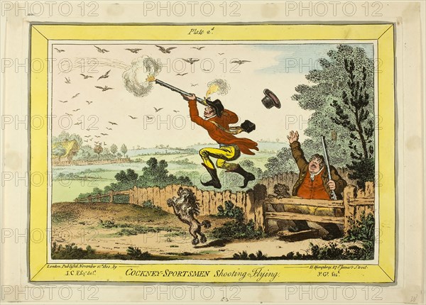 Cockney Sportsmen Shooting Flying, published November 12, 1800, James Gillray (English, 1756-1815), published by Hannah Humphrey (English, c. 1745-1818), England, Hand-colored etching on paper, 240 × 337 mm (image), 253 × 355 mm (plate), 278 × 385 mm (sheet)