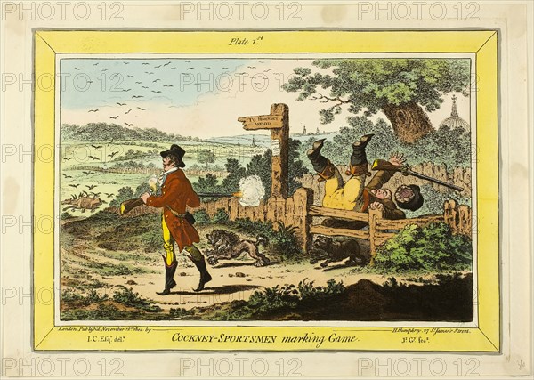 Cockney Sportsmen Marking Game, published November 12, 1800, James Gillray (English, 1756-1815), published by Hannah Humphrey (English, c. 1745-1818), England, Hand-colored etching on paper, 235 × 340 mm (image), 252 × 355 mm (plate), 272 × 382 mm (sheet)