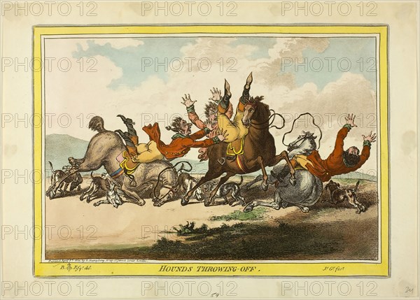 Hounds Throwing Off, published April 8, 1800, James Gillray (English, 1756-1815), after Brownlow North (English, 1778-1829), England, Hand-colored etching on paper, 247 × 347 mm (image), 250 × 350 mm (plate), 290 × 405 mm (sheet)