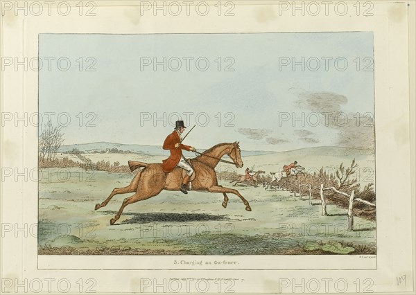 Charging an Ox-fence, plate three from Indispensable Accomplishments, published June 24, 1811, Sir Robert Frankland (English, 1784-1849), published by Hannah Humphrey (English, c. 1745-1818), England, Hand-colored etching on paper, 190 × 270 mm (image), 214 × 294 mm (plate), 230 × 325 mm (sheet)