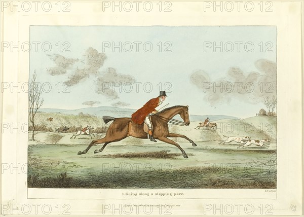 Going Along a Slapping Pace, plate one from Indispensable Accomplishments, published June 24, 1811, Sir Robert Frankland (English, 1784-1849), published by Hannah Humphrey (English, c. 1745-1818), England, Hand-colored etching on paper, 187 × 270 mm (image), 210 × 294 mm (plate), 230 × 324 mm (sheet)