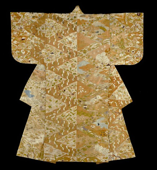 Nuihaku (Noh Costume), Momoyama period (1568–1615), 16th century, Japan, Silk, plain weave, patterned with resist dyeing, impressed gold leaf, and embroidered with silk in satin, single satin, surface satin and stem stitches, couching, lined with silk, plain weave, center back panels of silk, warp-float faced 3:1 twill weave self-patterned by areas of plain weave, 160.6 x 133.1 cm (63 1/4 x 52 3/8 in.)