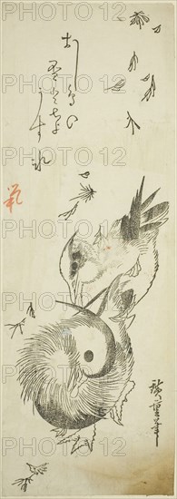 Mandarin ducks crossing icy pond amid falling leaves, 1830s, Utagawa Hiroshige ?? ??, Japanese, 1797-1858, Japan, Woodblock print, chutanzaku, key block impression, 13 3/8 x 4 5/8 in.
