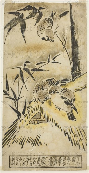 Sparrows, Thatched Roof, and Bamboo, c. 1720/25, Okumura Masanobu, Japanese, 1686-1764, Japan, Hand-colored woodblock print, hosoban, sumizuri-e, 29.3 x 14.7 cm (11 1/2 x 5 5/8 in.)
