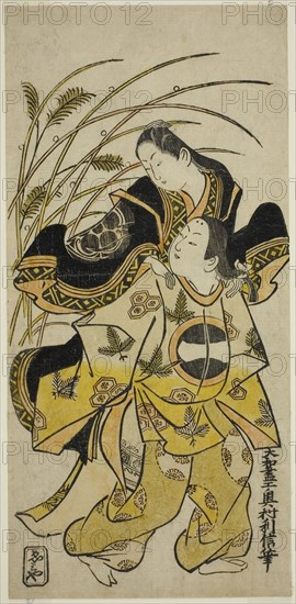 The Actors Ichikawa Monnosuke as a nobleman and Dekishima Daisuke as a noblewoman, c. 1721, Okumura Toshinobu, Japanese, active c. 1717-50, Japan, Hand-colored woodblock print, hosoban, urushi-e, 32.2 x 15.4 cm (12 1/2 x 6 in.)