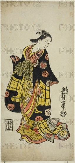 The Actor Sanjo Kantaro as a courtesan, c. 1723, Okumura Toshinobu, Japanese, active c. 1717-50, Japan, Hand-colored woodblock print, hosoban, urushi-e, 13 1/2 x 6 1/4 in.