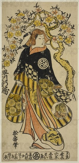 The Actor Hayakawa Shinkatsu as a Woman Standing under Cherry Tree, c. 1724, Shoju, Japanese, 18th century, Japan, Hand-colored woodblock print, hosoban, urushi-e, 12 1/8 x 5 3/4 in.