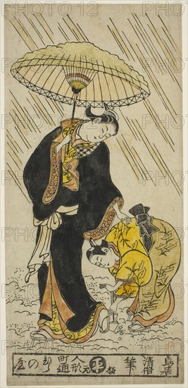 Knocking the snow from a pair of clogs, c. 1730s, Torii Kiyomasu II, Japanese, 1706 (?)–1763 (?), Japan, Hand-colored woodblock print, hosoban, urushi-e, 31.8 x 14.9 cm (12 1/2 x 6 in.)