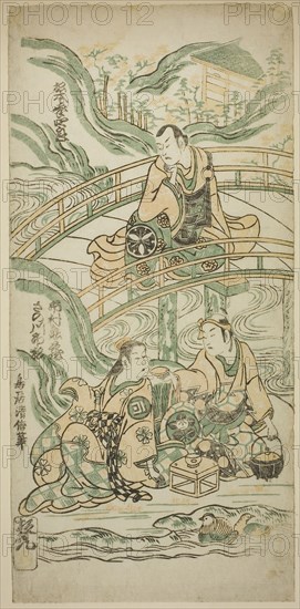 The Actors Matsumoto Koshiro II as Kumasaka Chohan, Ichimura Kamezo I as Ise no Saburo, and Sanogawa Ichimatsu I as Ushiwakamaru in the play Hatsu Tora Kurama Genji, performed at the Ichimura Theater in the first month, 1749, 1749, Torii Kiyonobu II, Japanese, active c. 1725-61, Japan, Color woodblock print, hosoban, benizuri-e, 31.4 x 15 cm (12 3/8 x 5 15/16 in.)