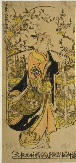 Peddler of Flowers of the Four Seasons, A Set of Three (Shiki no hanauri sanpukutsui), c. 1730s, Nishimura Shigenobu, Japanese, active c. 1723-47, Japan, Hand-colored woodblock print, left sheet of hosoban triptych, urushi-e, 12 1/2 x 5 3/4 in.