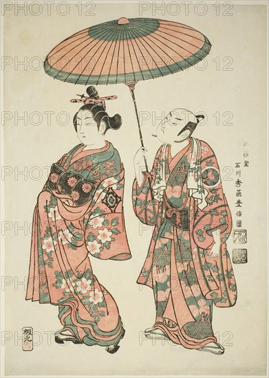 The Actors Nakamura Kiyosaburo I as Matsuyama and Ichimura Kamezo I as Wanya Kyubei in the play Yoritomo Gunbai Kagami, performed at the Ichimura Theater in the eleventh month, 1749, 1749, Ishikawa Toyonobu, Japanese, 1711-1785, Japan, Color woodblock print, oban, benizuri-e, 44.8 x 31.6 cm (17 1/2 x 12 1/2 in.)