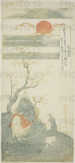 The Poet Sugawara no Michizane Riding an Ox, c. 1764, Torii Kiyomitsu I, Japanese, 1735-1785, Japan, Color woodblock print, hosoban, mizu-e, 12 1/4 x 5 5/8 in.