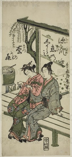 Lovers on a Veranda, c. 1760, Torii Kiyohiro, Japanese, active c. 1737-76, Japan, Color woodblock print, hosoban, benizuri-e, 12 1/4 x 5 1/2 in.
