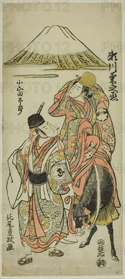 The Actors Segawa Kikunojo II as Itsuki and Bando Hikosaburo II as Oyamada Taro in the play Taiheiki Shizunome Furisode, performed at the Nakamura Theater in the eleventh month, 1767, 1767, Kitao Shigemasa, Japanese, 1739-1820, Japan, Color woodblock print, hosoban, benizuri-e, 12 1/4 x 5 12 in.
