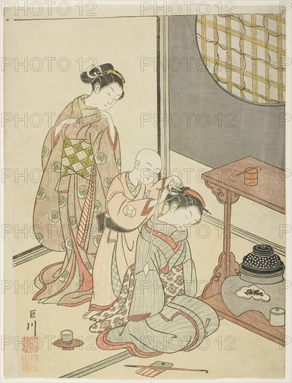 Night Rain of the Tea Stand (Daisu no yau), from the series Eight Views of the Parlor (Zashiki hakkei), c. 1766, Suzuki Harunobu ?? ??, Japanese, 1725 (?)-1770, Japan, Color woodblock print, chuban, 28.4 x 21.6 cm (11 1/4 x 8 1/2 in.)
