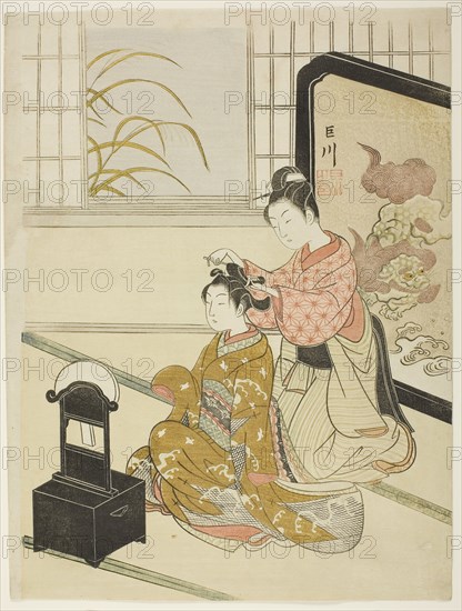 The Autumn Moon in the Mirror (Kyodai no shugetsu), from the series Eight Views of the Parlor (Zashiki hakkei), c. 1766, Suzuki Harunobu ?? ??, Japanese, 1725 (?)-1770, Japan, Color woodblock print, chuban, 28.8 x 21.8 cm (11 1/4 x 8 3/8 in.)