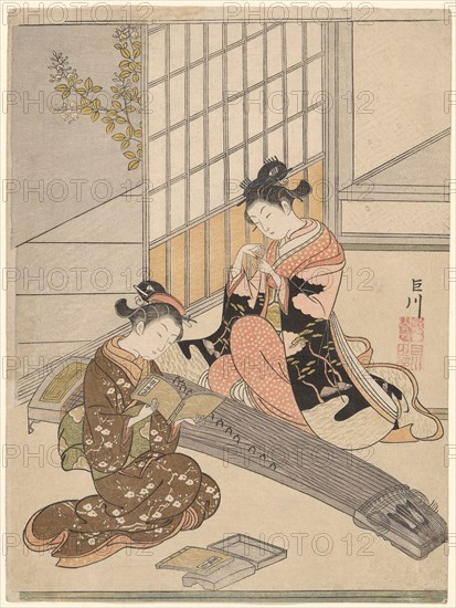Descending Geese of the Koto Bridges (Kotoji no rakugan), from the series Eight Views of the Parlor (Zashiki hakkei), c. 1766, Suzuki Harunobu ?? ??, Japanese, 1725 (?)-1770, Japan, Color woodblock print, chuban, 29.0 x 21.7 cm (11 3/8 x 8 1/2 in.)
