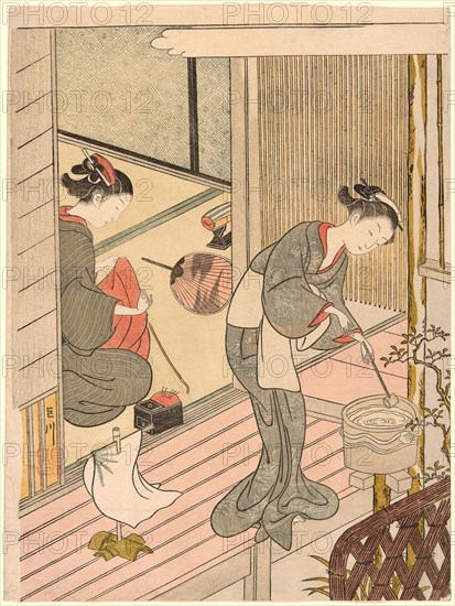 Returning Sails of the Towel Rack (Tenugui-kake no kihan), from the series Eight Views of the Parlor (Zashiki hakkei), c. 1766, Suzuki Harunobu ?? ??, Japanese, 1725 (?)-1770, Japan, Color woodblock print, chuban, surimono, 28.7 x 21.4 cm (11 1/4 x 8 1/2 in.)
