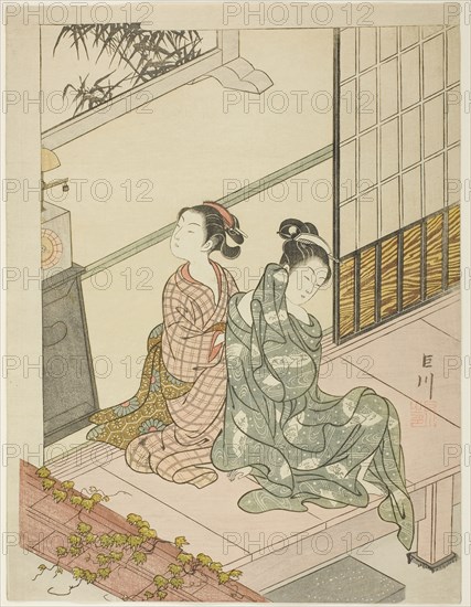 The Evening Bell of the Clock (Tokei no bansho), from the series Eight Views of the Parlor (Zashiki hakkei), c. 1766, Suzuki Harunobu ?? ??, Japanese, 1725 (?)-1770, Japan, Color woodblock print, chuban, 28.5 x 21.7 cm (11 1/4 x 8 1/2 in.)