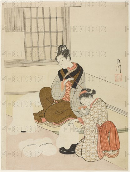 Evening Snow on a Floss Shaper (Nurioke no bosetsu), from the series Eight Views of the Parlor (Zashiki hakkei), c. 1766, Suzuki Harunobu ?? ??, Japanese, 1725 (?)-1770, Japan, Color woodblock print, chuban, 28.7 × 21.6 cm (11 1/4 × 8 1/2 in.)