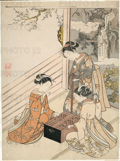 Watching the Game, c. 1766, Suzuki Harunobu ?? ??, Japanese, 1725 (?)-1770, Japan, Color woodblock print, chuban, surimono, 28.5 x 21.0 cm (11 1/8 x 8 1/4 in.)
