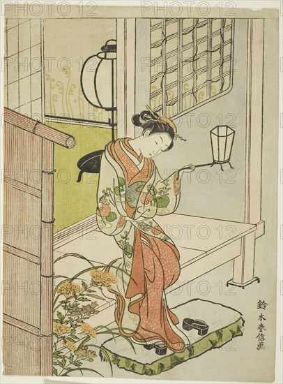Woman Stepping Out with a Lantern, c. 1767/68, Suzuki Harunobu ?? ??, Japanese, 1725 (?)-1770, Japan, Color woodblock print, chuban, 10 7/8 x 8 in.