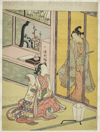 Young Man and Woman Talking through a Bamboo Blind, c. 1768, Attributed to Suzuki Harunobu ?? ??, Japanese, 1725 (?)-1770, Japan, Color woodblock print, chuban, 28.8 x 21.3 cm (11 1/4 x 8 3/8 in.)