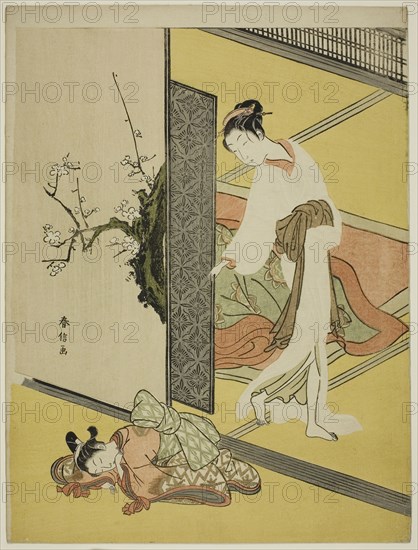 A Courtesan Catching Her Attendant Sleeping, c. 1766/68, Suzuki Harunobu ?? ??, Japanese, 1725 (?)-1770, Japan, Color woodblock print, chuban, 27.8 x 21.2 cm (11 3/8 x 8 5/8 in.)