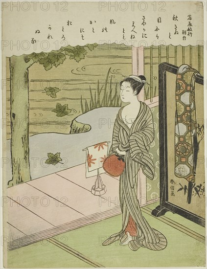 Poem by Fujiwara no Toshiyuki, from an untitled series of Thirty-Six Immortal Poets, c. 1767/68, Suzuki Harunobu ?? ??, Japanese, 1725 (?)-1770, Japan, Color woodblock print, chuban, 28.8 x 21.5 cm (11 1/4 x 8 1/2 in.)