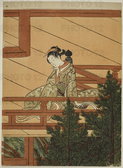 Young Woman Seated on the Balcony of Kiyomizu Temple, c. 1766, Suzuki Harunobu ?? ??, Japanese, 1725 (?)-1770, Japan, Color woodblock print, chuban, 11 1/4 x 8 1/4 in.