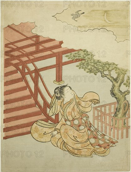 The Call of the Cuckoo from above the Clouds (parody of Minamoto no Yorimasa), c. 1766, Suzuki Harunobu ?? ??, Japanese, 1725 (?)-1770, Japan, Color woodblock print, chuban, 11 1/4 x 8 1/2 in.