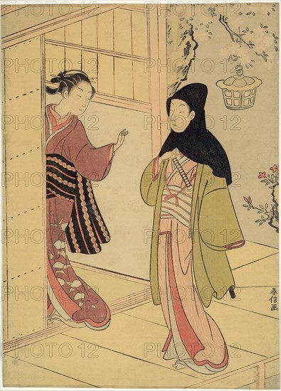 An Evening Visit (A Parody of Junidan Soshi), c. 1767, Suzuki Harunobu ?? ??, Japanese, 1725 (?)-1770, Japan, Color woodblock print, chuban, 27.2 x 19.7 cm (10 5/8 x 7 3/4 in.)