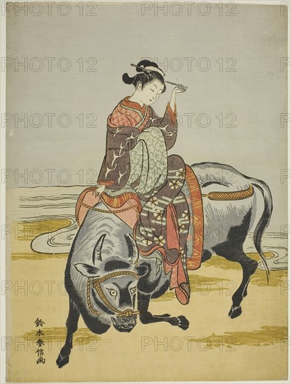 Courtesan Riding an Ox (parody of Botange Shohaku), c. 1766, Suzuki Harunobu ?? ??, Japanese, 1725 (?)-1770, Japan, Color woodblock print, chuban, 11 1/4 x 8 3/8 in.