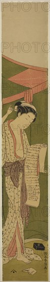 Woman Standing beside a Mosquito Net Reading a Letter, c. 1768/69, Suzuki Harunobu ?? ??, Japanese, 1725 (?)-1770, Japan, Color woodblock print, hashira-e, 27 1/4 x 4 1/2 in.