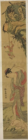 Shoki in Love, c. 1768, Suzuki Harunobu ?? ??, Japanese, 1725 (?)-1770, Japan, Color woodblock print, hashira-e