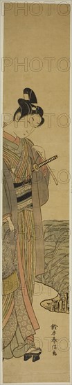 Young Man with Fishing Pole and Net, c. 1769, Suzuki Harunobu ?? ??, Japanese, 1725 (?)-1770, Japan, Color woodblock print, hashira-e, 26 1/2 x 4 5/8 in.