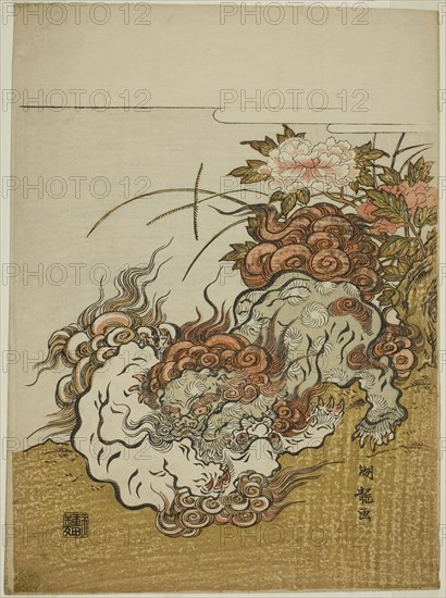 Two Fighting Lions, c. 1772, Isoda Koryusai, Japanese, 1735-1790, Japan, Color woodblock print, chuban, 10 3/8 x 5 5/8 in.