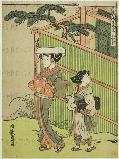 The Evening Bell of the Nun (Bikuni no bansho), from the series Eight Views of Fashionable Human Relations (Furyu jinrin mitate hakkei), c. 1770/72, Isoda Koryusai, Japanese, 1735-1790, Japan, Color woodblock print, chuban, 26 x 19.1 cm (10 1/4 x 7 1/2 in.)