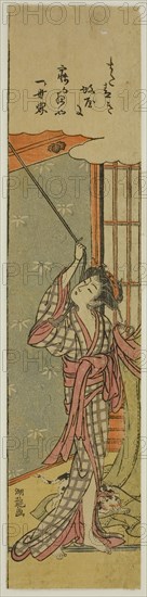 Young Woman Hanging a Mosquito Net, c. 1775, Isoda Koryusai, Japanese, 1735-1790, Japan, Color woodblock print, tanzaku, 30.6 x 7.2 cm (12 x 2 3/4 in.)