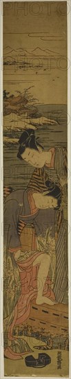 Young Woman Drops her Geta as She Boards a Boat, c. 1773, Isoda Koryusai, Japanese, 1735-1790, Japan, Color woodblock print, hashira-e