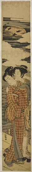 Couple Standing on a Pier Embracing on a Moonlit Night, c. 1774, Isoda Koryusai, Japanese, 1735-1790, Japan, Color woodblock print, hashira-e, 27 x 4 5/8 in.