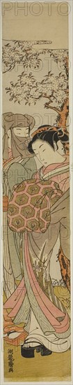 Courtesan Walking with Veiled Man under Cherry Tree, c. 1772, Isoda Koryusai, Japanese, 1735-1790, Japan, Color woodblock print, hashira-e, 26 3/4 x 4 3/4 in.