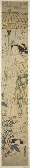 Young Woman Holding Parasol Admires Hirugao (noon-face) Flowers, c. 1772, Isoda Koryusai, Japanese, 1735-1790, Japan, Color woodblock print, hashira-e, 26 7/8 x 4 3/8 in.