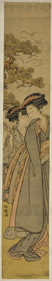 Delivering a Love Letter, c. 1777, Isoda Koryusai, Japanese, 1735-1790, Japan, Color woodblock print, hashira-e, 27 1/8 x 4 1/2 in.
