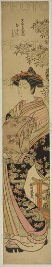 The Courtesan Shirotae of the Okanaya, c. 1776/81, Isoda Koryusai, Japanese, 1735-1790, Japan, Color woodblock print, hashira-e, 26 1/2 x 4 3/4 in.