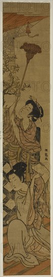 Sweeping a Cobweb, c. 1775, Isoda Koryusai, Japanese, 1735-1790, Japan, Color woodblock print, hashira-e, 26 1/4 x 4 5/8 in.
