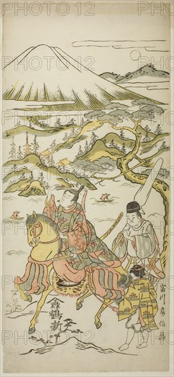 Narihira’s eastern journey, second half of 18th century, Tomikawa Fusanobu, Japanese, active c. 1750-80, Japan, Color woodblock print, hosoban, benizuri-e, 12 1/8 x 5 1/2 in.